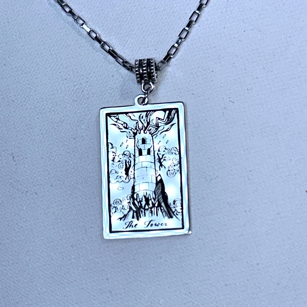 Handmade Unisex “The Tower“ Tarot Card Pendant & Stainless Steel Box Chain Goth